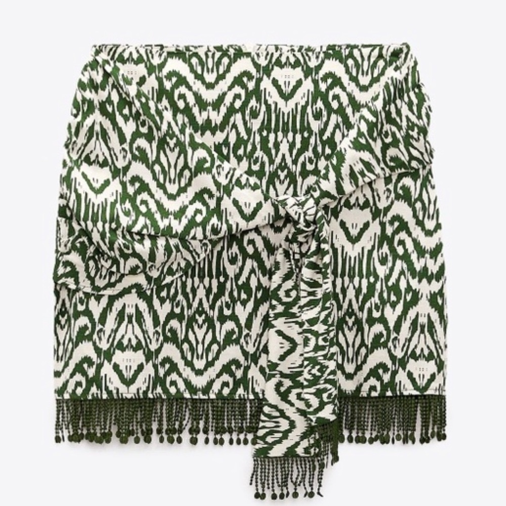 ZARA KNOTTED FRINGED PRINTED SKIRT